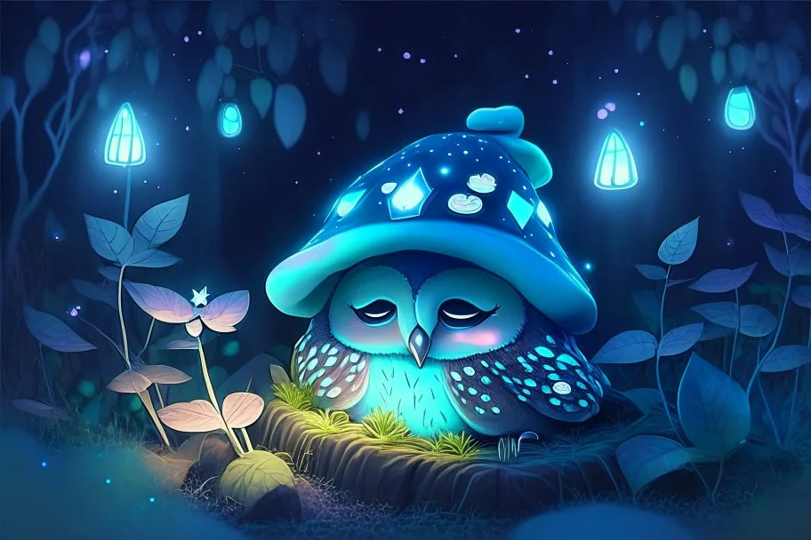 cute chibi bioluminescent sleeping owl in sleeping cap in a forest at night in starshine, lightning moonflowers