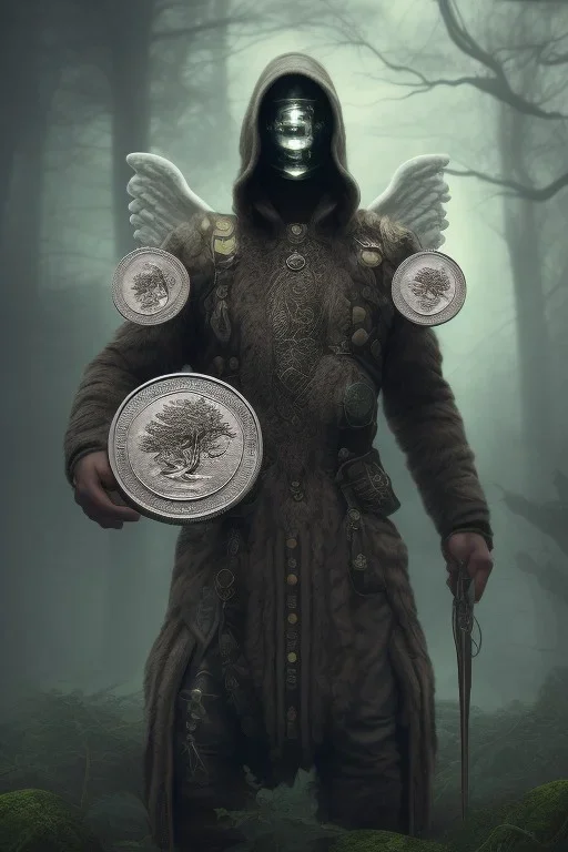 running berserker portrait , no face, black jogging suite , in the night Alps , holding coins , angels background, volumetric light, high detail, dark leaf tree, dark mountains in background, perfect, HR Giger style