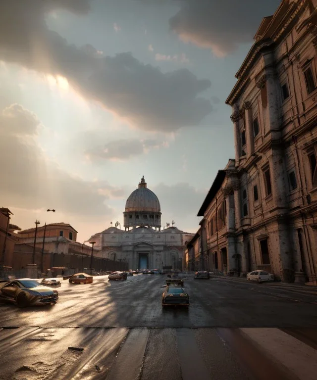 Extreme long shot, Rome skyline, smooth, god rays, unreal engine 5, ray tracing, RTX, lumen lighting, ultra detail, volumetric lighting