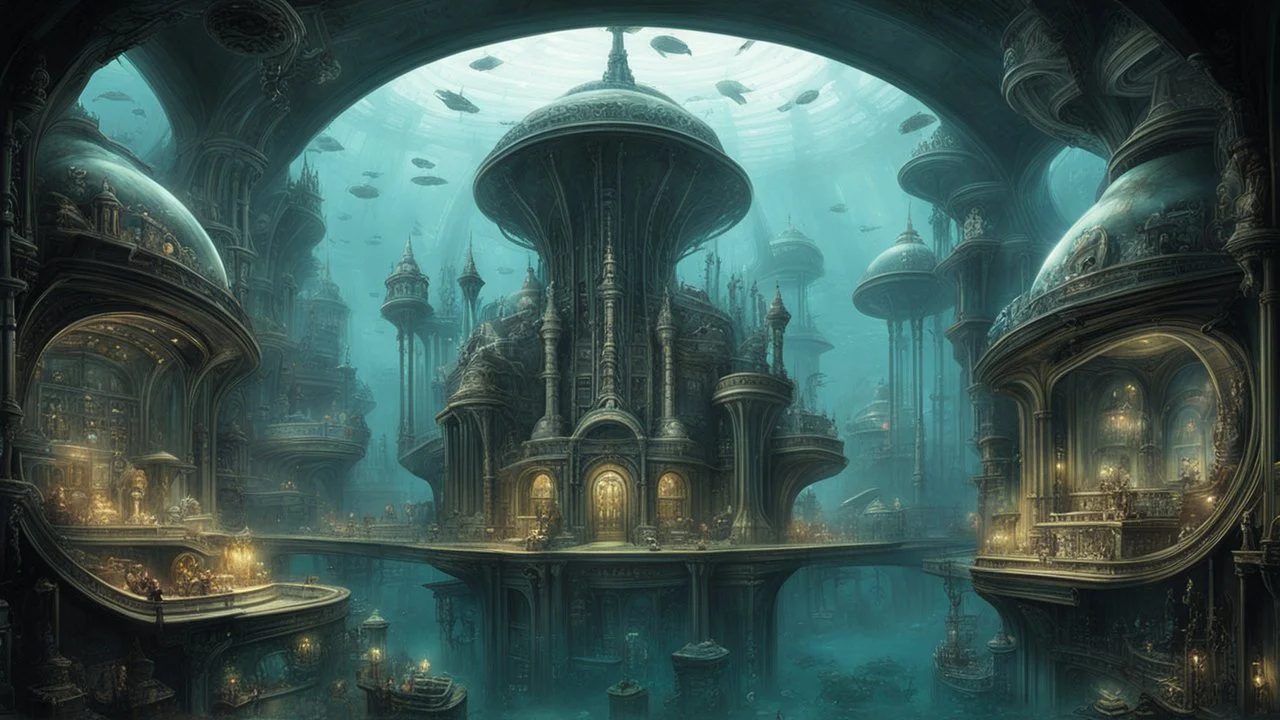 An underwater city built within colossal glass domes, with Victorian-era architecture and clockwork submarines navigating through schools of fish. The city's skyline is illuminated by glowing bioluminescent plants and steampunk gadgets. by H.R. Giger