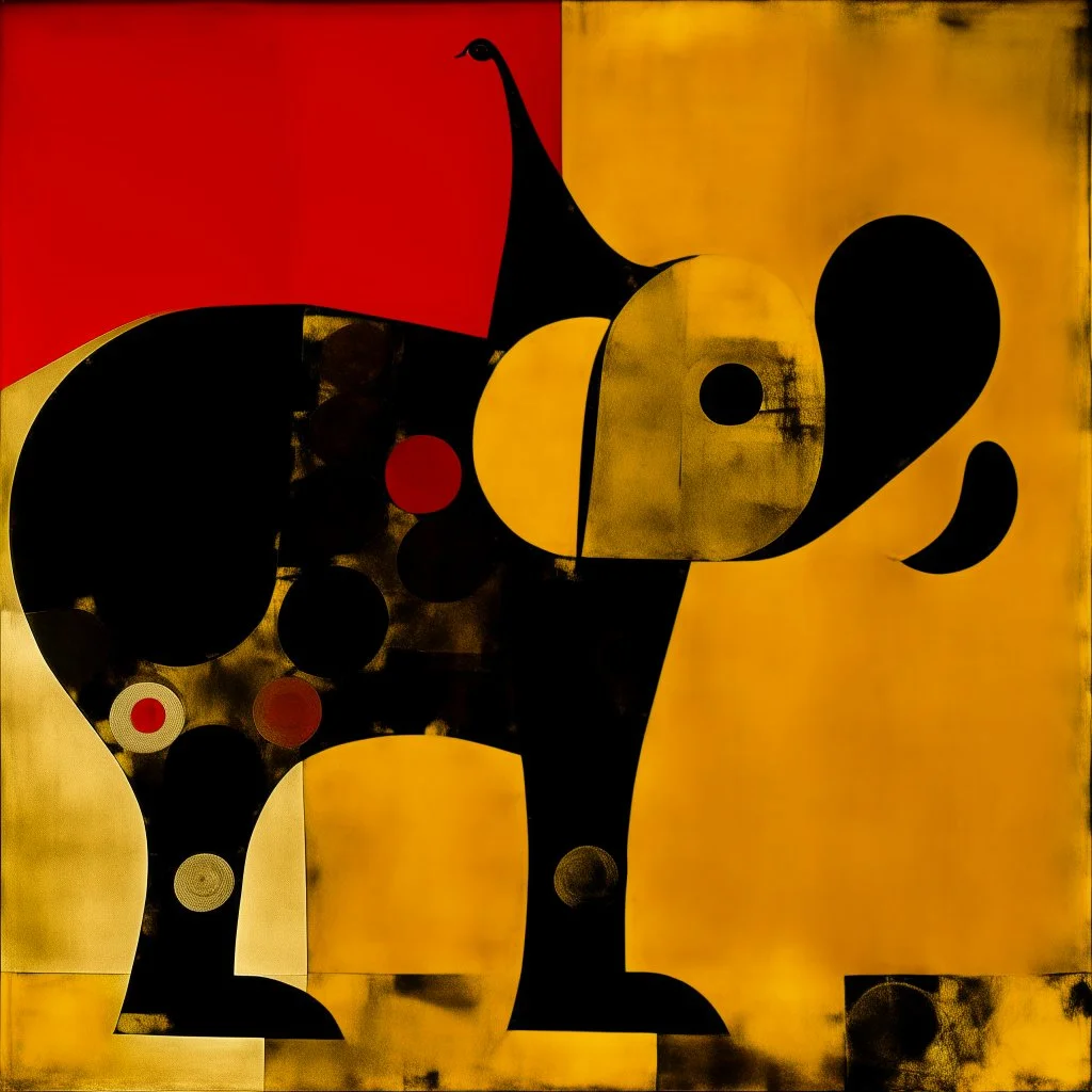 elephant contrivance, by Joan Miro and VS Gaitonde, mind-bending abstract image, fragmented, subconscious deconstructivism, yellow and black and white and red color scheme