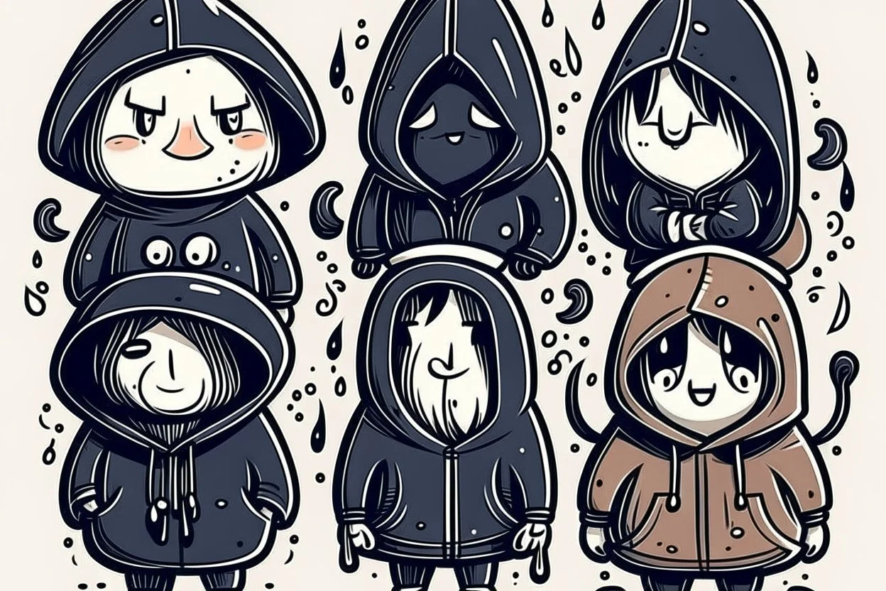 6 simple shaped shaped hand drawn cartoon characters that are cute dark and have hoodies