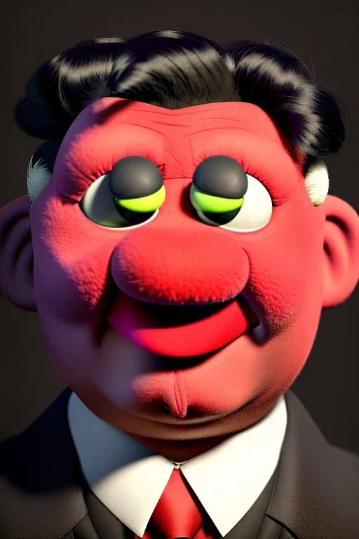 Waist up muppet Portrait, Kim Jong-un as muppet doll, black suit, photo studio, red background, unreal engine 5, concept art, art station, god lights, ray tracing, RTX, lumen lighting, ultra detail, volumetric lighting, 3d.