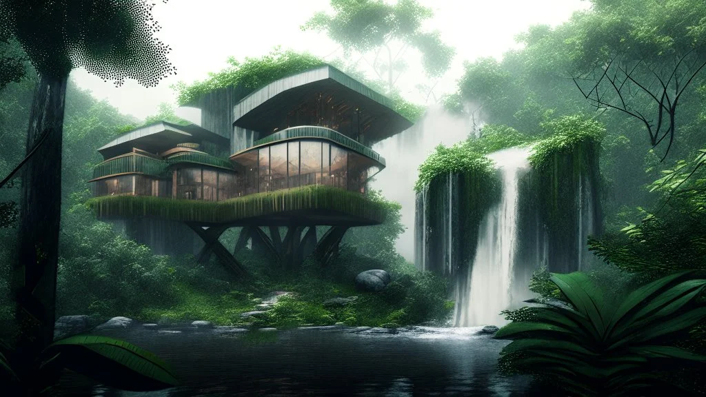 modern house by a big water falls in a karstic montain rain forest