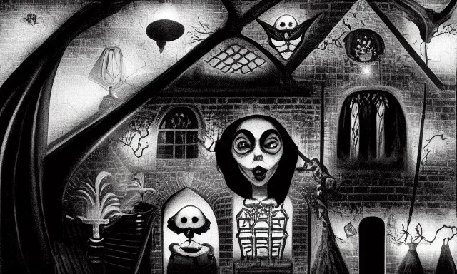 Wednesday Adams, scary dark room, spiders, Escher style