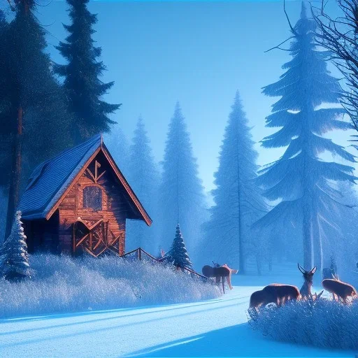 Forest ice winter, bridge birds,live house, bear, deer, unreal engine