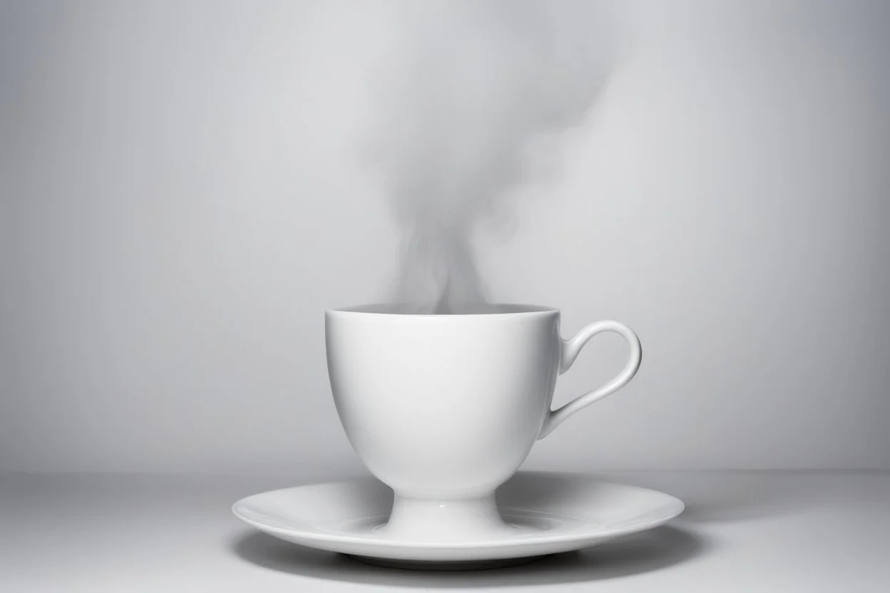 steaming coffee in a porcelain cup, the steam forming a female figure