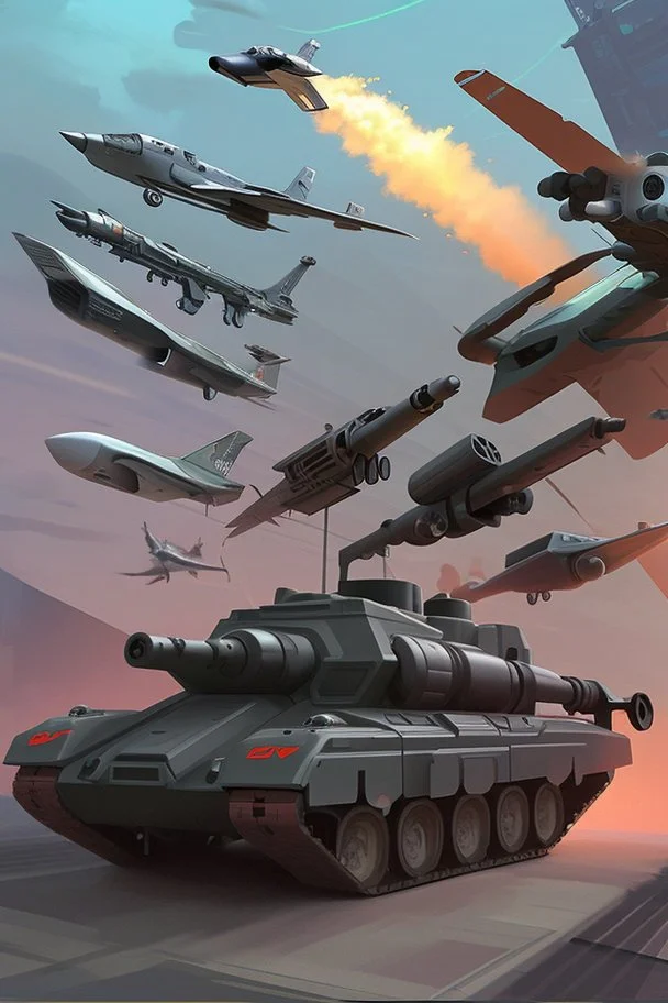 A combination of tanks, jets, cars and humanoid robots