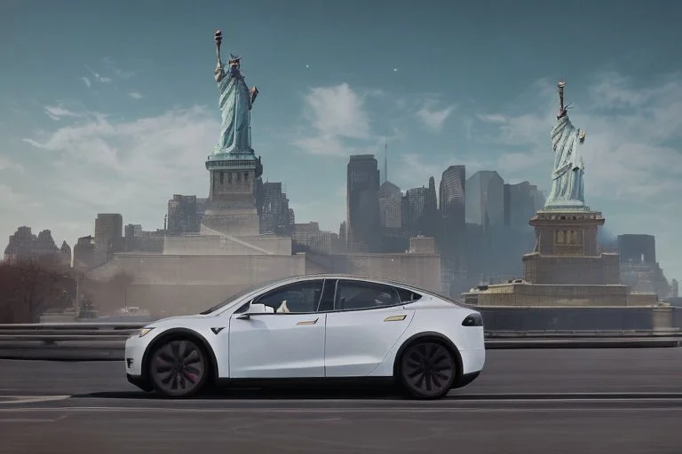A Tesla 'Model S' is drifting at top speed, near the 'Statue of Liberty' in New York. CINEMATIC. WIDE ANGLE LENS. PHOTO REAL.