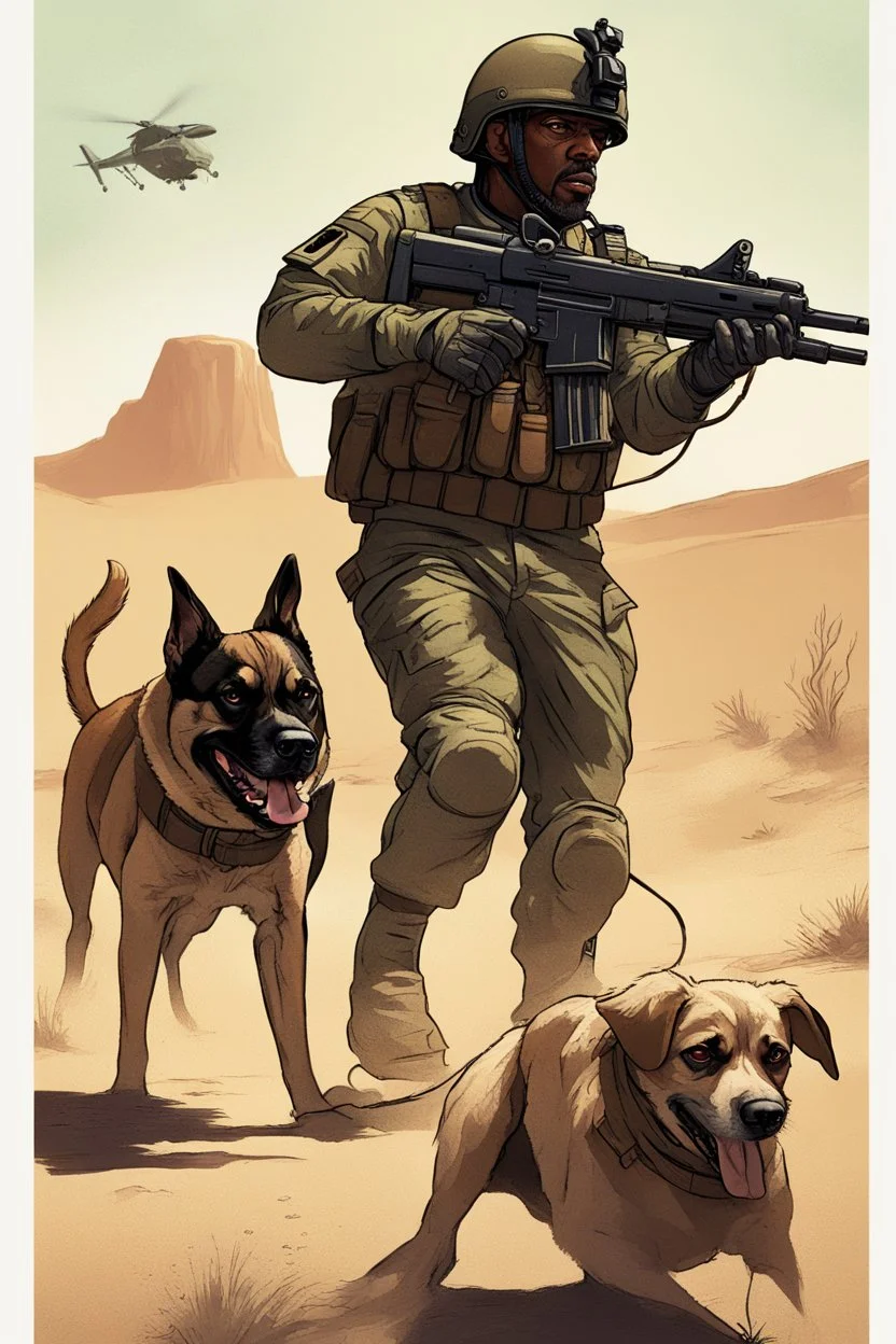 A soldier dog dressed in military combat uniform fighting another soldier dog in the hot desert landscape, digital illustration portrait, dog's face is snarling, aggressive, angry, Craig Miller , futuristic, pulp fiction graphic novel style, hyperrealism, photorealism