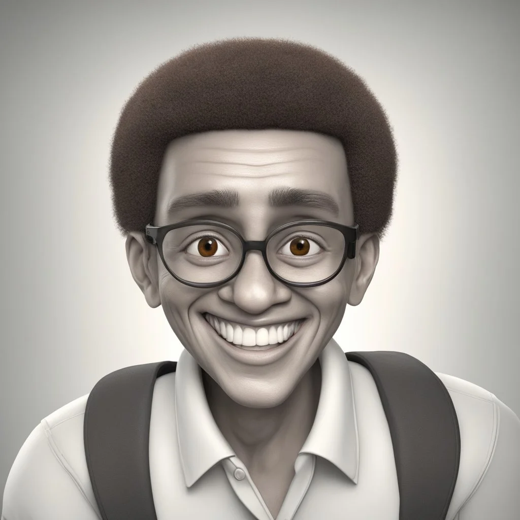 a portrait of smiling timor leste man. caricature. black thin rare hair. brown skin. black eye pupils. circle eye glasses, thin frame. rectangle face shape. white shirt with black vest. pixar style. 3D. 4k. portrait. highly detailed. sharp focus. high resolution. full color. cinema lighting