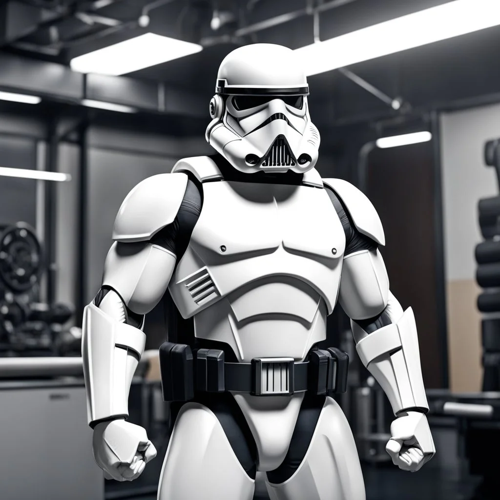 over muscular stormtrooper with gigantic biceps with veins in the training room