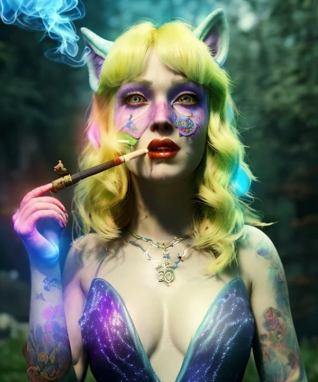 Ultra realistic wonderland photo, happy blonde woman smoking a shisha, blue dress, big purple-cat friend, circus dress style, old school tattoo, smoke, marijuana garden, glow eyes, perfect iris, soft color, highly detailed, unreal engine 5, cinematic, ultra detail, volumetric lighting, high definition.