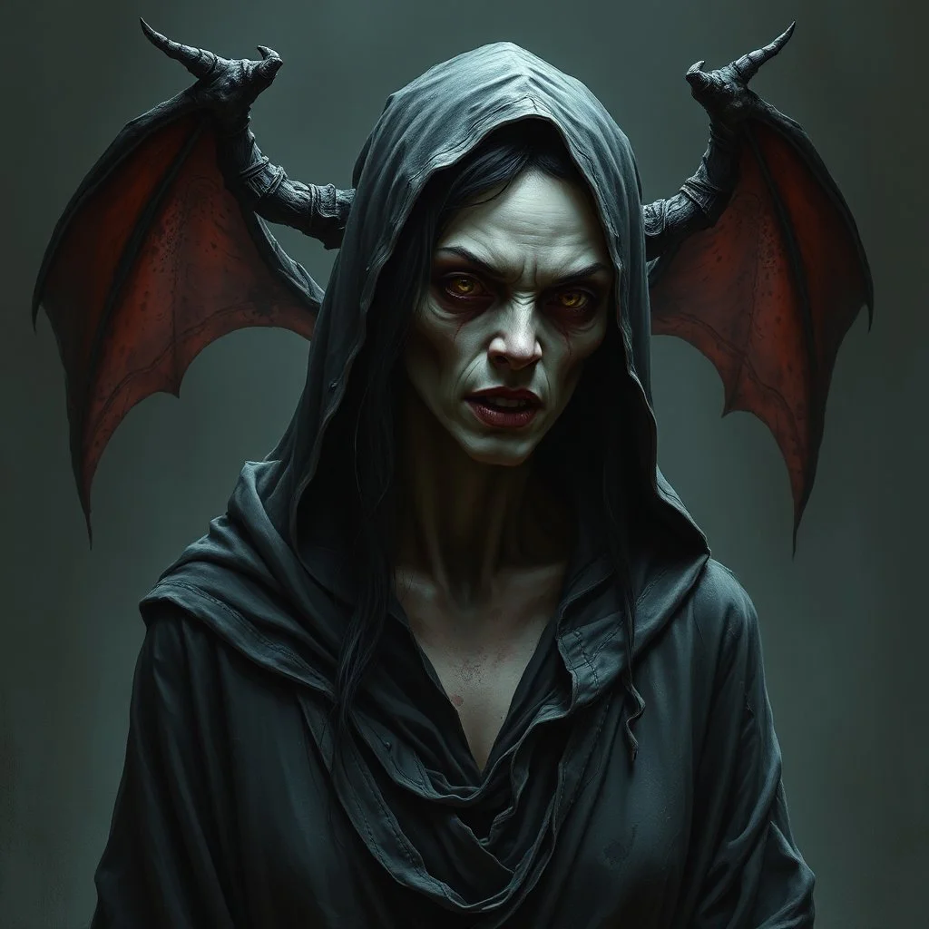 The demon witch, Lorissa Nightshade, appears—a gaunt, pale woman with hollowed out eyes and wearing tattered and torn robes. Grimdark realistic