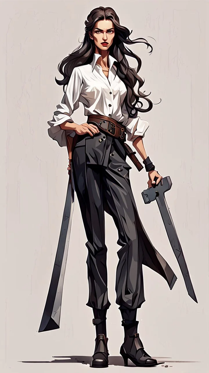 Full body character design, athletic Ukraine female with black wide leg pants, white blouse, face made of a Greek sculpture style , long hair, holding a trench cleaver, flat leather pouch on belt, thick heeled shoes