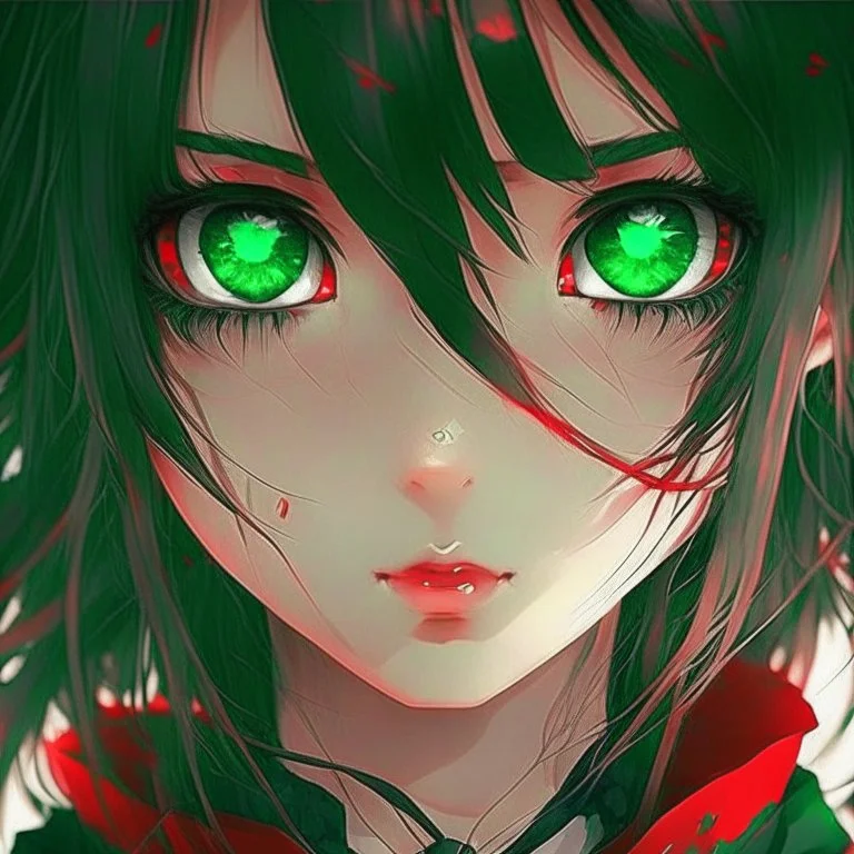 beautiful anime girl, red, nice, black, green eyes