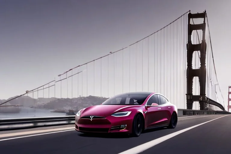 A Tesla 'Model S' is drifting at top speed, on the 'Golden Gate' bridge. (CINEMATIC, WIDE ANGLE LENS, PHOTO REAL)