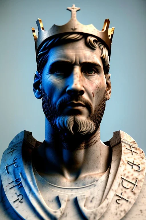 Ultra Realistic image, Roman sculpture, white marble material, Lionel Messi, gold crown of natural thorns, god crown, Renaissance style, sun rays background, waist up portrait, epic, celestial, cinematic lighting, God lights, 4k resolution, smooth details, soft lighting, unreal engine 5, art station, substance 3d.