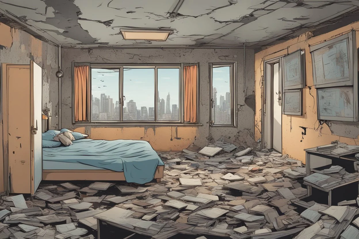 interior house, dilapidated apocalyptic, background, comic book,