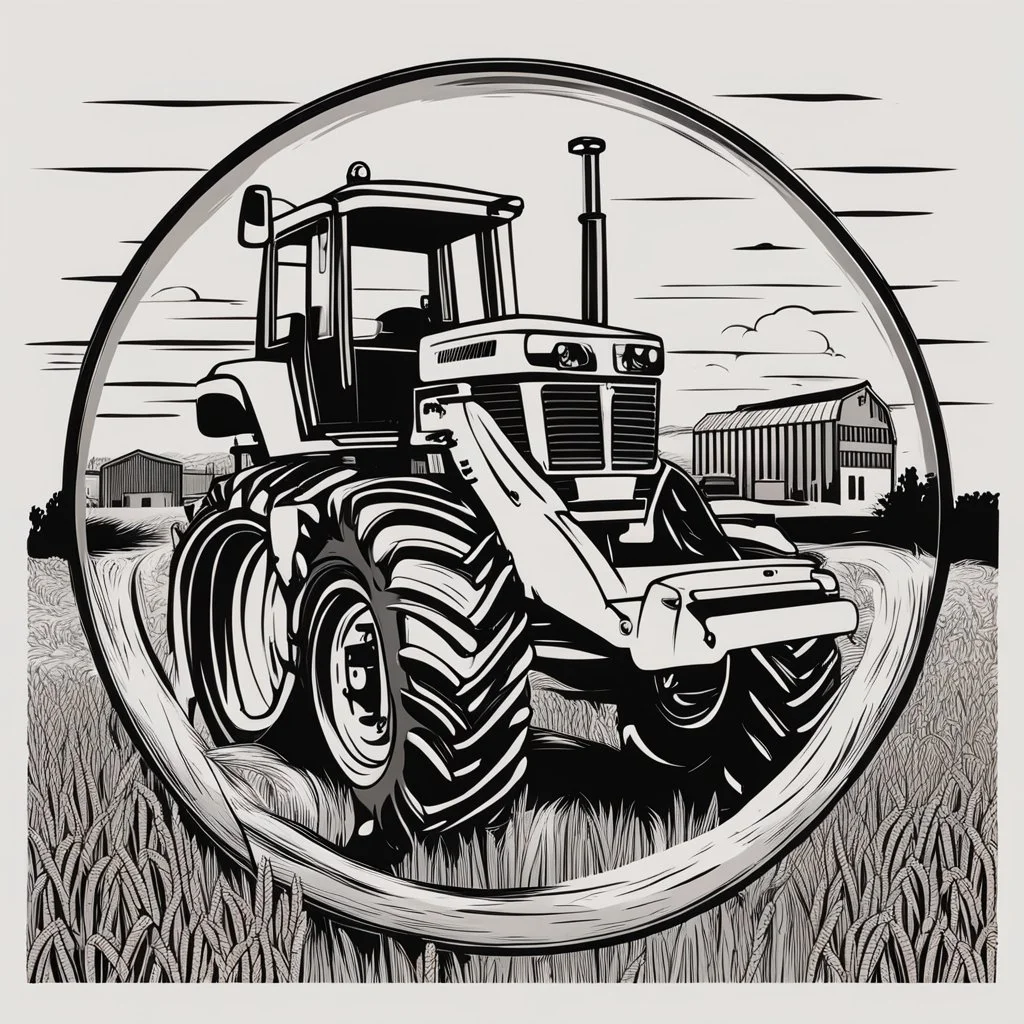 a circular frame made of spiraling wheat, a tractor at the center, thick line modern urban vector illustration, black on white vector