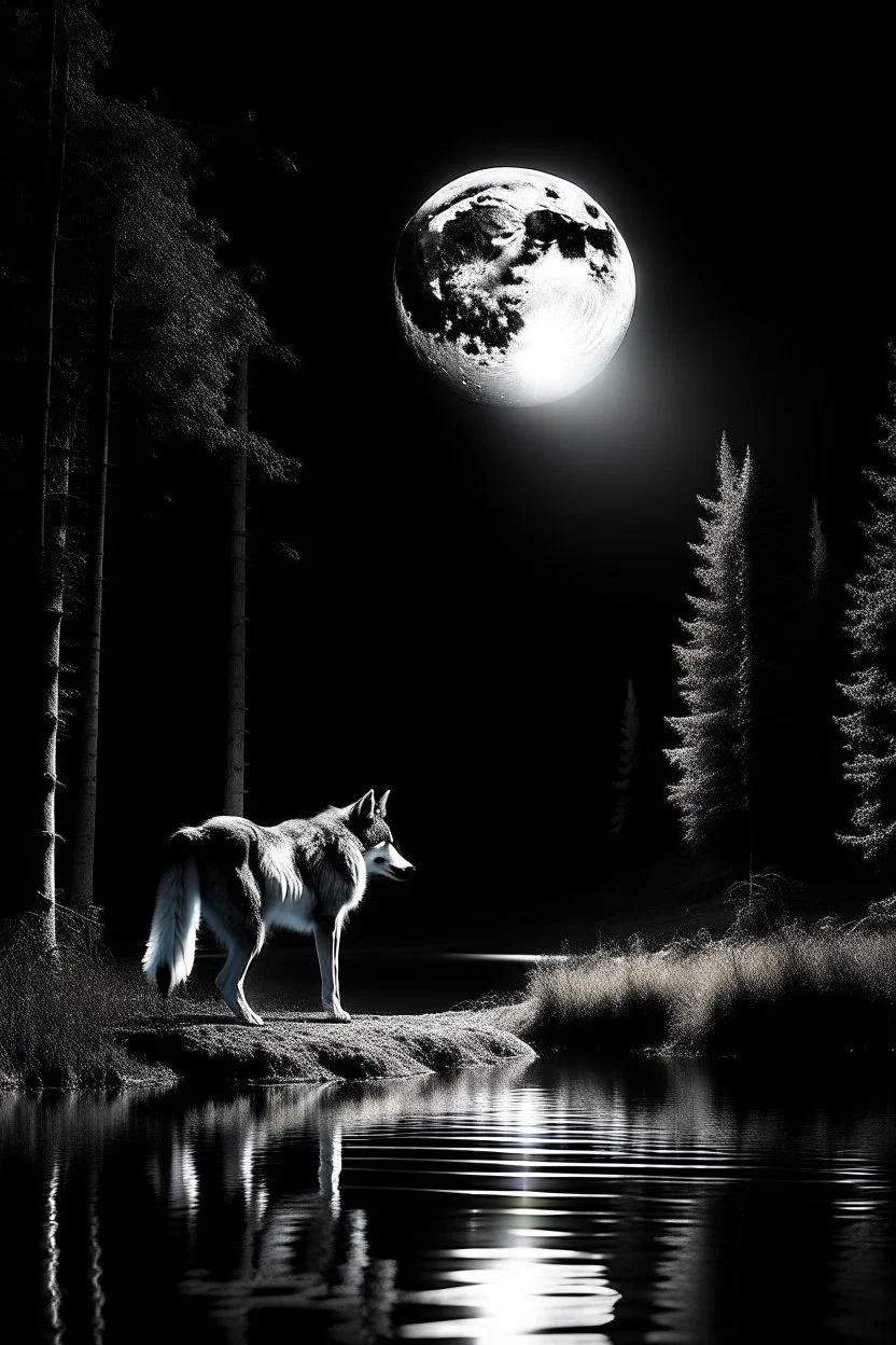 Black and White, Wolf, Full Moon, Forest