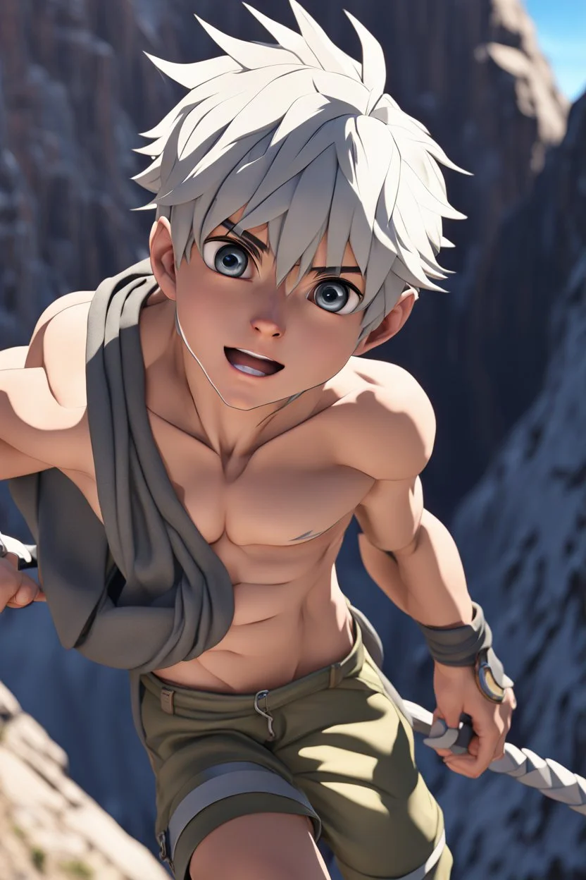 8k quality realistic image of a beautiful anime boy, mountain climbing, no shirt, action, up close, 3d