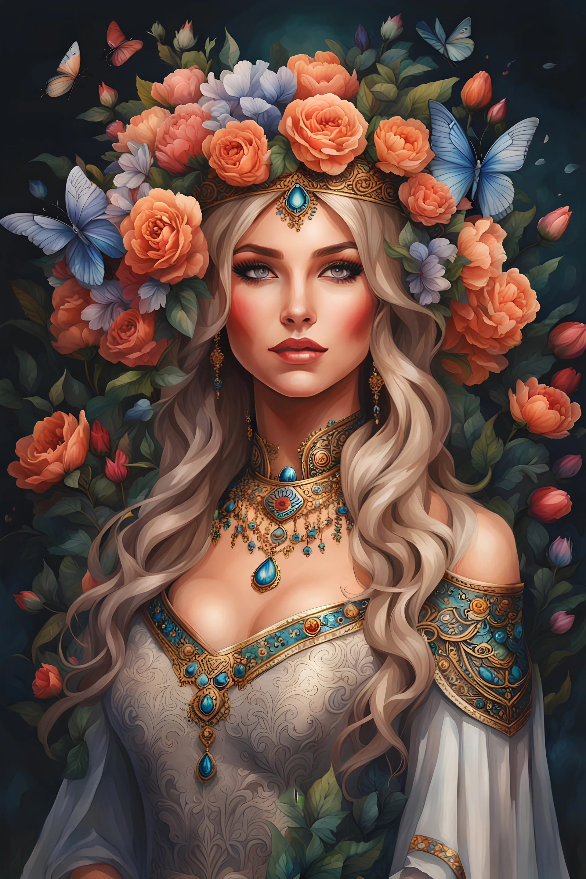 Pintura de Rayna Elfo coronada con flores, arte de tinta, calidad ultra, 8k, cuerpo completo