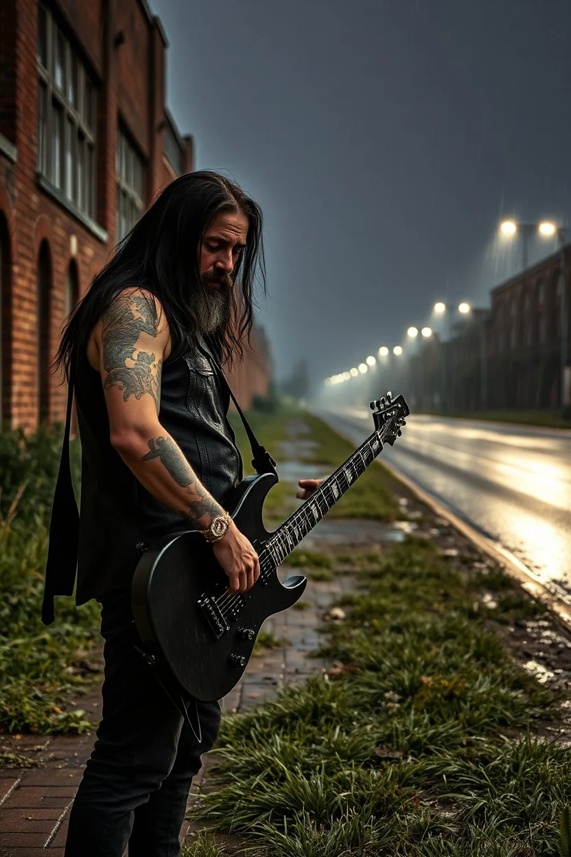 a very disappointed member with guitar case, dark long hair and beard of a death hard rock band who has been kicked out of a rehearsal space in Sweden, old factories style with bricks, deserted place overgrown plants and grass, he stands outside in the rain and cries, street lamps shining, raindrops, wind, empty roads and cycle paths next to it, really bad weather