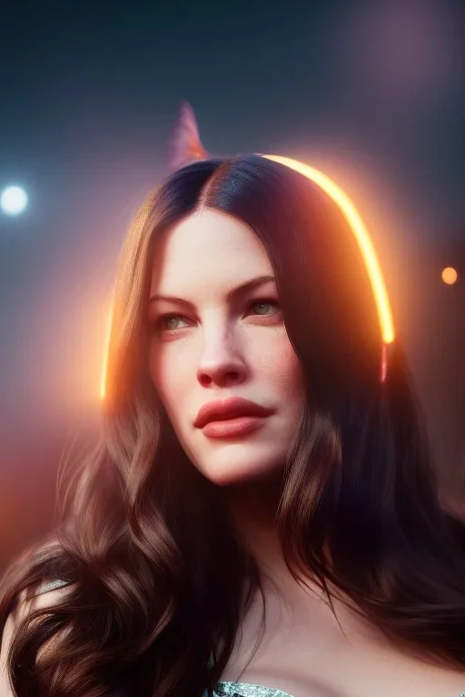 Liv Tyler has angel wings and lucifer series She has beautiful eyes. Her hair flies in the air., closed eyes, rtx, reflection, 8k, glow, winning photography, caustics