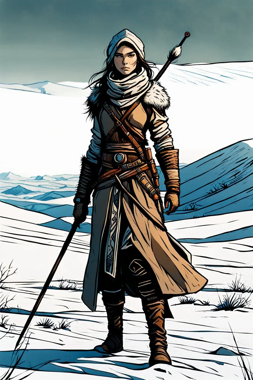 create a sketchy, hand drawn, full body, young, otherworldly lost Siberian nomadic female huntress concept art character, with highly detailed, sharply lined and deeply weathered facial features in a desolate tundra steppe landscape , in natural winter tundra colors, 4k