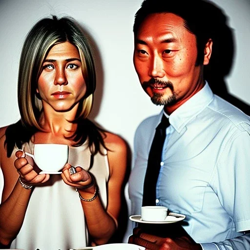 Jennifer Aniston and Ken Watanabe chatting happily over coffee