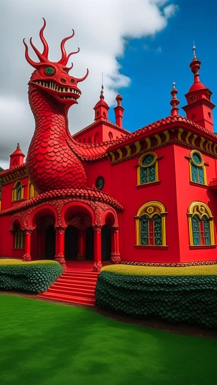 A red palace with a fiery dragon guarding it designed in Maori sculptures painted by Wassily Kandinsky