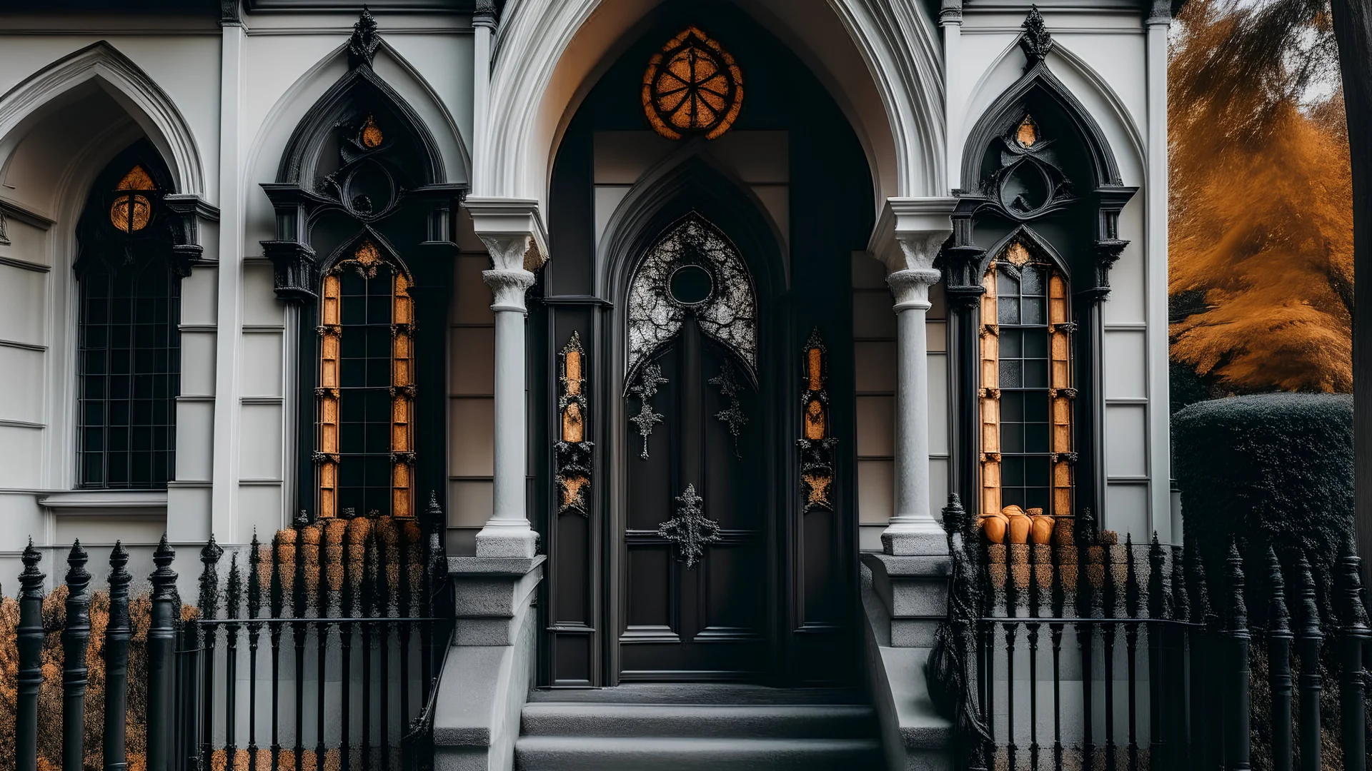 gothic church on halloween with pumpkins on its porch