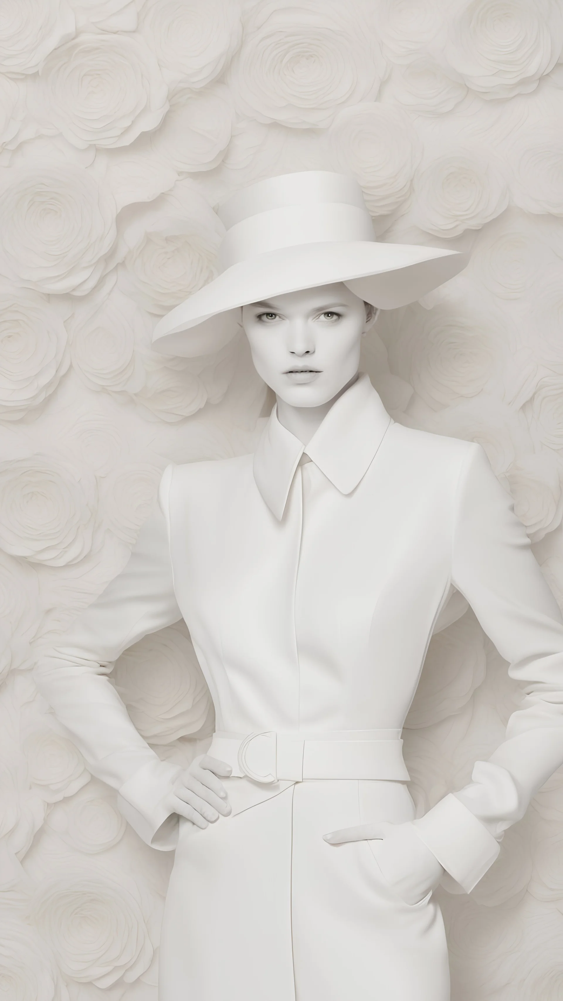 The fashion show walks onto the podium. Armani 2024. Angel White Designer Silk Blend Textured Floral Matelasse Fabric.
