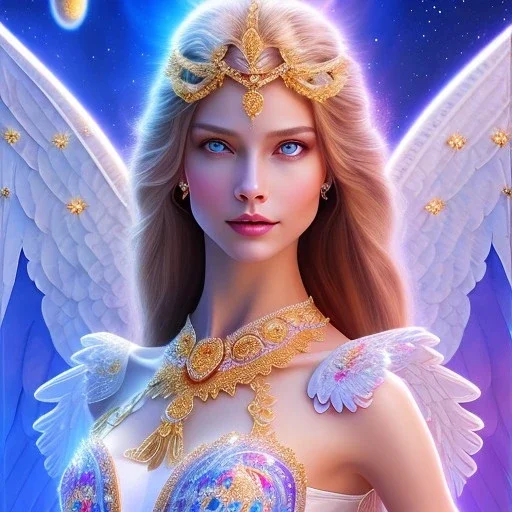 Flower angel, beautyful smiling furry young woman, long hair amazing blue eyes, happy cosmic, bright colors, blue, pink, gold, jewels, realistic, photo real, clear godly background, highly detailed, high contrast, 8k high definition, unreal engine 5, extremely sharp detail, light effect, sunny light background