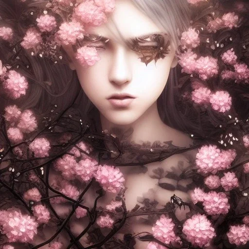 Black flowers and beautiful girl ultra-realistic, highly detailed, masterpiece, delicate detailed, sharp focus, insanely detailed, fantasy art, intricate detailed, elegant, fog, Special Lighting, Vibrant, color Scheme, forest, unreal engine 5, trending on artstation, anime