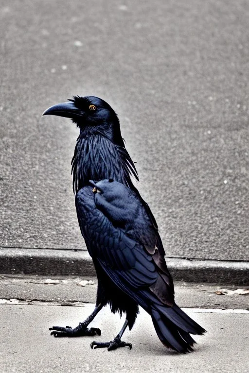 One single mature homeless crow with worn out clothes, sitting in a corner on the street, guitar standing on the left side, Vienna, mourning, perfect iris, model style, hyper realistic, extremely accurate, delicate, extremely detailed, Graphic novel style, wide-angle, open aperture, superfine pencil