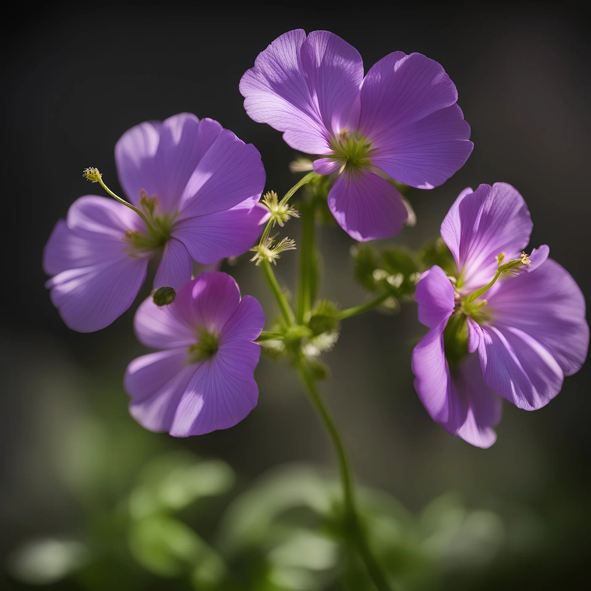 Wild Geranium, close-up, backlight, blurred dark background