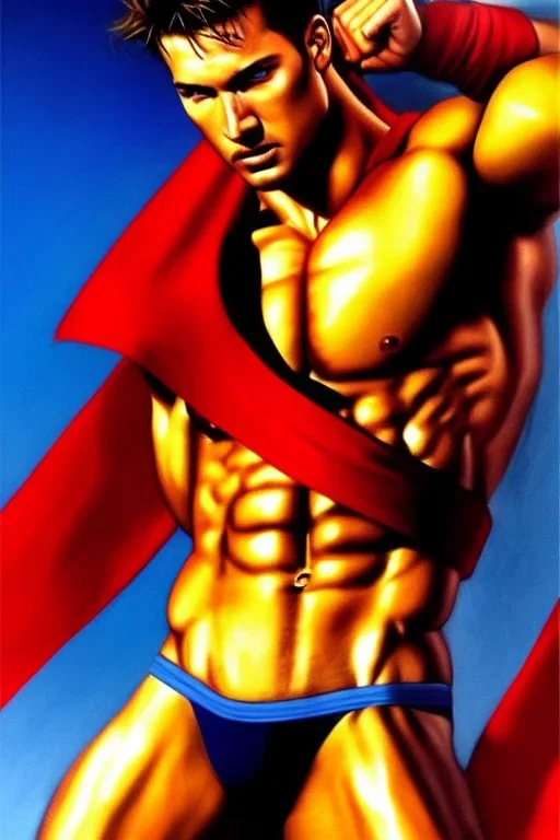 Ignore NSFW, teenager young rugged attractive slightly muscular fantastic handsome man, red briefs with yellow belt, hairy chest, (((visibly pisssing))) briefs, large erect visible boner peniss, photorealistic, artist Jay Anacleto, soft lighting
