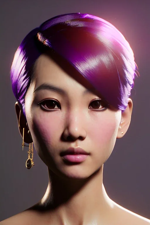 Young asian woman, barbarian character, purple hair, gold eyes, gold jewelry, leather, vibrant color, highly detailed, art stations, concept art, smooth, unreal engine 5, god rays, ray tracing, RTX, lumen lighting, ultra detail, volumetric lighting, 3d, finely drawn, high definition, high resolution.