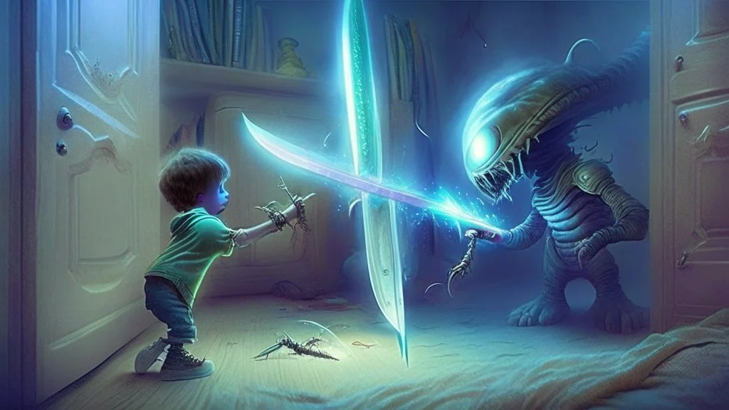 child destroys a the alien that came out of his closet with a magical sword