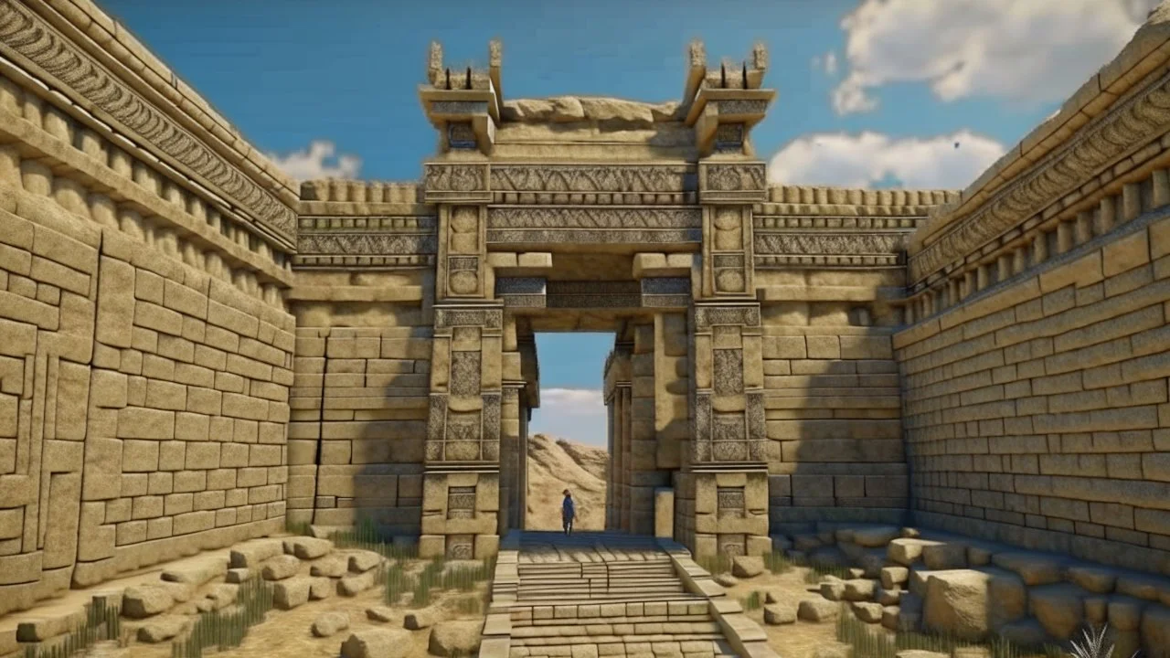 An ancient Phoenician city with a large gate , down view