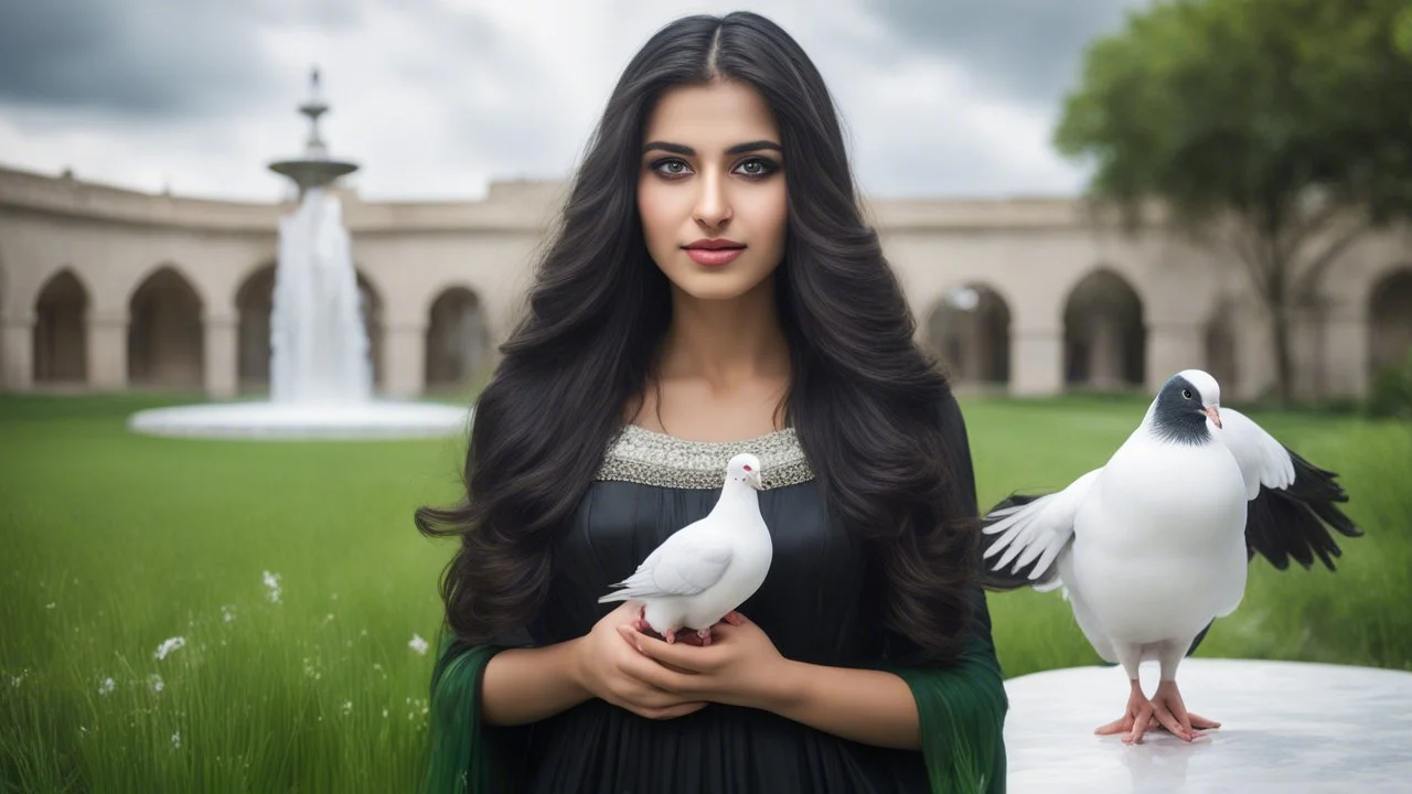 Hyper Realistic Photographic View Of A Beautiful Young Pakistani Pashto Woman (With Beautiful Long Black Hair) Wearing A Beautiful Black Dress Happily Holding A White Pigeon And Standing With Green Grass With A White Marble Water Fountain Behind Her At Beautiful Cloudy Day Showing Dramatic And Cinematic Ambiance.