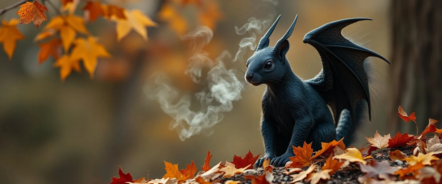 portrait of a squirrel black dragon in autumn, breathing smoke