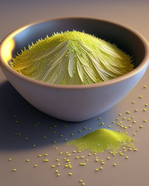 cooked Fennel seeds on a bowl. Realistic photo. HD. Glowing. 3d style