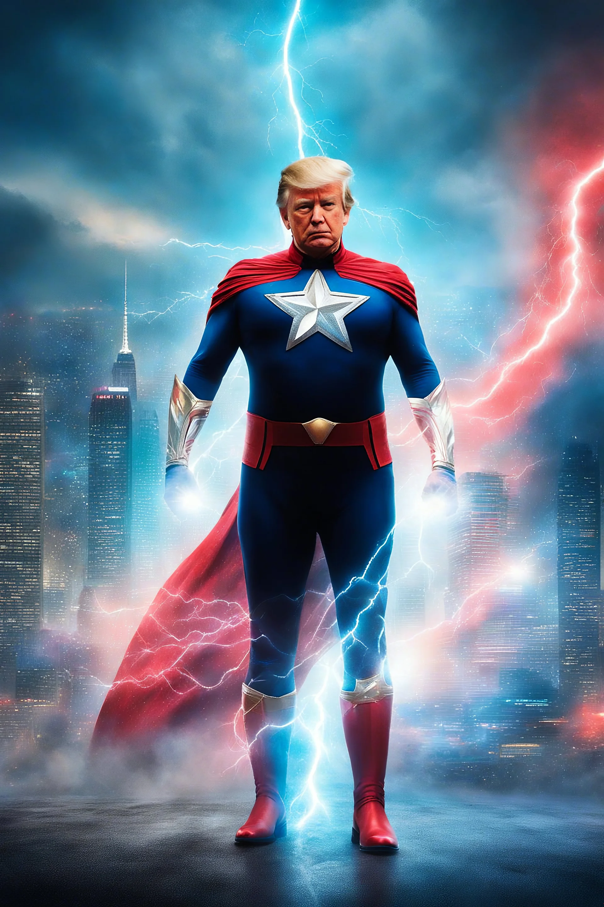 movie poster - "MAGA MAN" - Donald Trump as 'Maga Man,' Extremely Muscular, Skintight, formfitting, crimson bodysuit, blue cape, silver boots, multicolored Lightning, Multicolored vortex, neon lit futuristic cityscape, mist, fog, speed, extremely overexaggerated musculature,