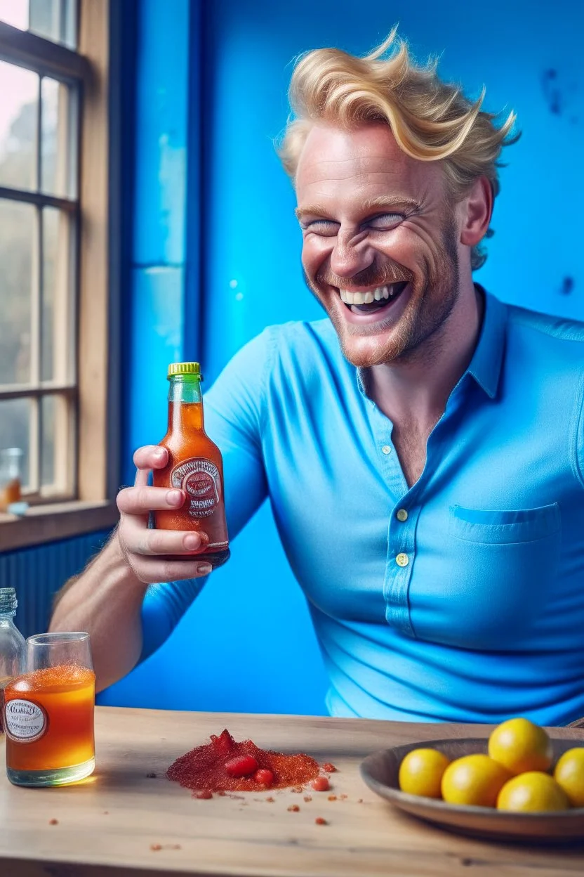 brand campaign for a new drink with orange and chili flavour with drunk blond man person high resolution