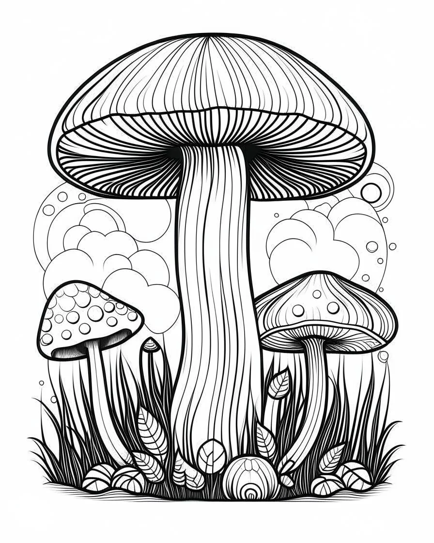 mushroom world minimalistic landscape. line art, background, vector, svg, coloring book page style, black outline on white background