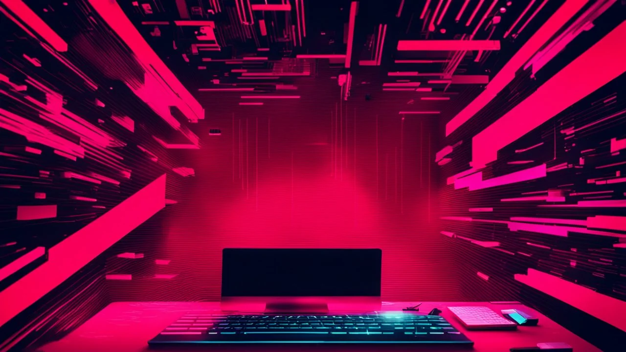 create me a hacking desktop background with the style of glitchart with red