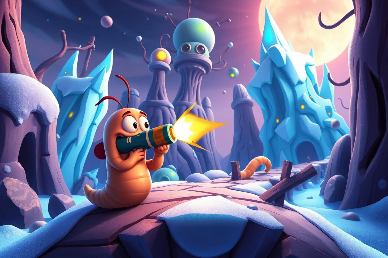 worms character firing bazooka in worms game crawling through 2d platformer with frozen artic jungle with weird alien towers gets torn apart under him, in the style of Pixar, expertly crafted in a whimsical and vibrant cartoon style. is masterfully rendered in a lifelike 3D design, which captivates viewers with there irresistible charm.